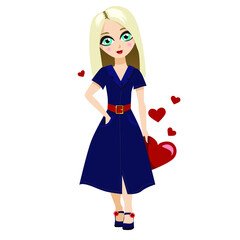Girl in love in a fashionable dress with a heart