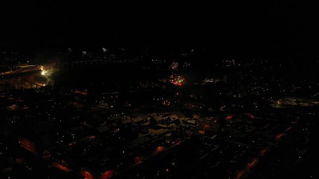 Aerial view of fireworks in Falun, Sweden, celebrating New Years eve