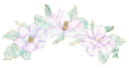 Magnolia bouquets clip art. Watercolor spring floral botanical collection. Elegant magnolia flowers and leaves.