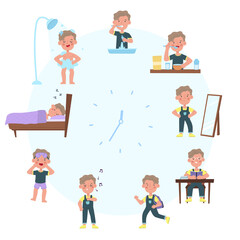 Kid daily schedule, little boy routine activities. Clock face boy sleep and wake schedule isolated vector illustration. Child daily routine
