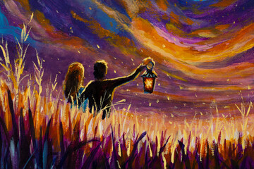 Meeting lovers in the night modern fine art fairy tale fabulous hand drawn romantic landscape fantasy painting © weris7554