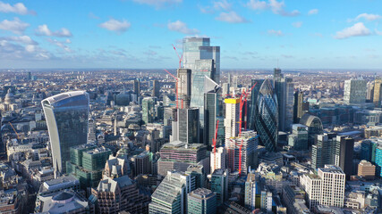 Fototapeta premium Aerial drone photo of iconic skyline in financial area of City of London as seen at Christmas time, United Kingdom