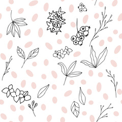Floral vector seamless pattern with  flowers, leaves and berries. Beautiful hand drawn flowers in  light pastel colors in vintage style.