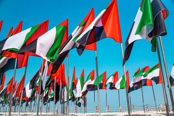 Flags of the United Arab Emirates waving in the wind on a kite beach in Dubai.