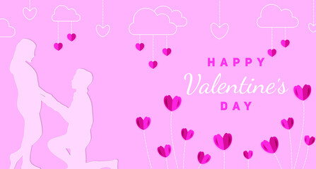 Happy Valentines day background, banner, wallpaper design. Pink background with origami hearts.