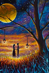 Romantic oil painting lovers on night field in tall grass by light of lanterns meeting starry night at sunset with big moon - Fantasy love art Modern impressionism painting.