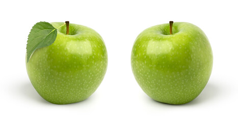 two green apples with leaves isolated on white background.