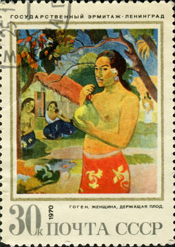 USSR - CIRCA 1970: A stamp printed in the USSR, shows a painting "Woman with Fruit" by Gauguin