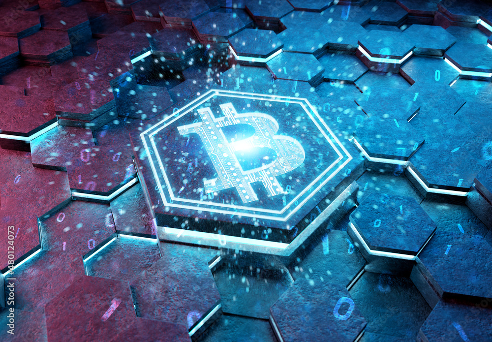 Poster Bitcoin icon creativity concept engraved on metal hexagonal pedestral background. Crypto currency symbol glowing on abstract digital surface. 3d rendering