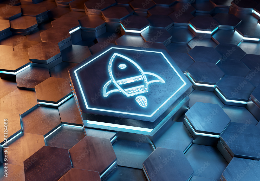 Poster Spaceship icon innovation concept engraved on metal hexagonal pedestral background. Rocket startup logo glowing on abstract digital surface. 3d rendering