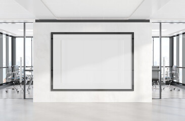Black horizonal frame Mockup hanging on wall. Mock up of a billboard in modern concrete office interior 3D rendering