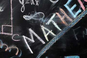 school board with numbers and drawings drawn in chalk