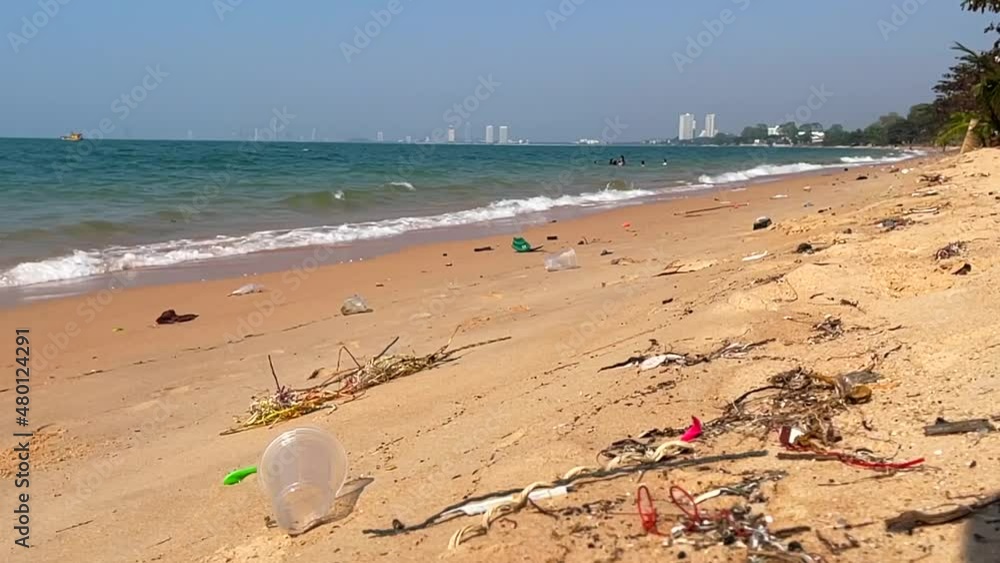 Wall mural pollution along the beach plastic waste