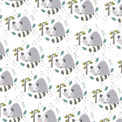
Illustration graphic seamless pattern abstract cute sleeping racoon cartoon premium vector 
for kids and baby. Print on t shirts, fabric, linen, textile and wallpaper background