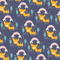 illustration graphic seamless pattern abstract cute cat and rainbow cartoon premium vector 
for kids and baby. Print on t shirts, fabric, linen, textile and wallpaper background