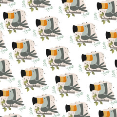 Hand drawn seamless pattern abstract tropical cute toucan cartoon premium vector 
for kids and baby. Print on cloth, fabric, linen, textile and wallpaper background