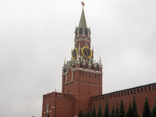 Fototapeta na wymiar Red Square. The Spasskaya Clock Tower against a cloudy sky. Close-up, copy space. Moscow, Russia.