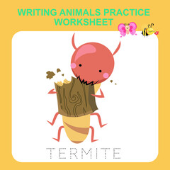 Obraz premium Illustration of writing insect practice worksheet. Educational printable worksheet. Exercises lettering game for kids. Vector illustration.