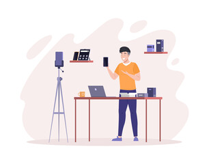 Male blogger shooting video review unboxing technology and electronics use smartphone on tripod