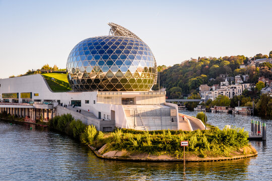 Boulogne-Billancourt, France - October 16, 2021: General view of La Seine Musicale, a music and performing arts venue located on the Seguin island on the Seine river, inaugurated in 2017.