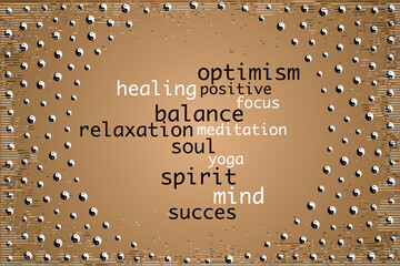 Creative illustration of a word cloud yoga and yin yang symbolism