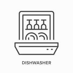 Dish washer flat line icon. Vector outline illustration of tableware washing machine. Black thin linear pictogram for kitchenware equipment