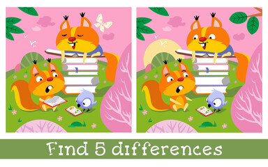 Cute squirrels are reading in spring meadow. Find 5 differences. Game for children. Hand drawn full color children illustration. Vector flat cartoon picture.