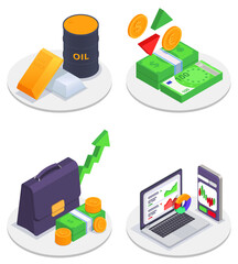 Stock Exchange Financial Market Trading Colored And Isometric Icon Set