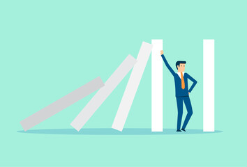 Obraz premium Businessman stops falling of domino, stopping domino effect, chain reaction business solution, successful intervention