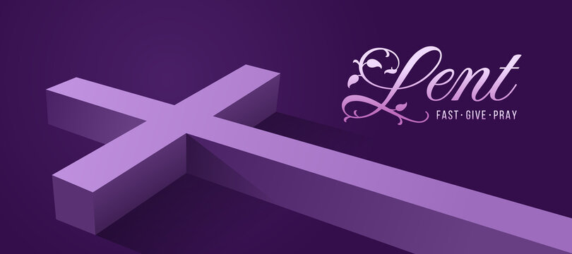 lent - fast, give and pray text, purple religious cross put on dark purple background vector design