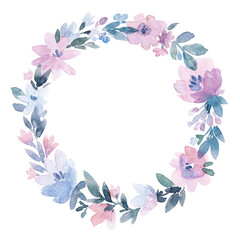 Beautiful image with gentle watercolor hand drawn purple flowers wreath. Stock illustration.
