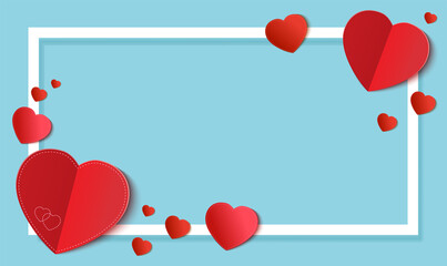 Background for card Valentines day. Red paper hearts on blue background