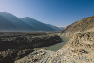 Nice View to the Dirty Water of Mountain River in Gilgit Baltistan Region, Pakistan