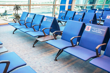 November 11, 2021 UAE, Sharjah. Rows of seats in the airport waiting room.