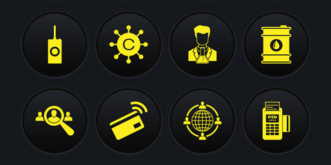 Set Magnifying glass for search people, Barrel oil, Contactless payment, Outsourcing concept, Scientist and test tube and Copywriting network icon. Vector
