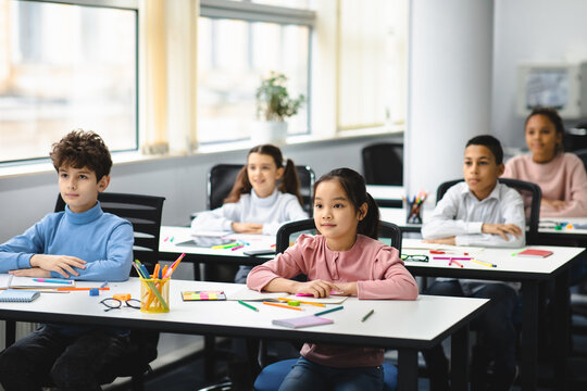 Portrait of focused diverse pupils sitting at desk in classroom