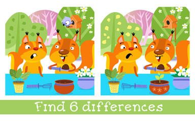 Cute squirrels plant flowers in pot. Find 6 differences. Game for children. Hand drawn full color children illustration. Vector flat cartoon picture.