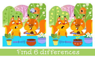 Naklejka premium Cute squirrels plant flowers in pot. Find 6 differences. Game for children. Hand drawn full color children illustration. Vector flat cartoon picture.