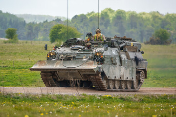 close up of a British Army Challenger 2 Tank Armored Repair and Recovery Vehicle (CRARRV) on a...