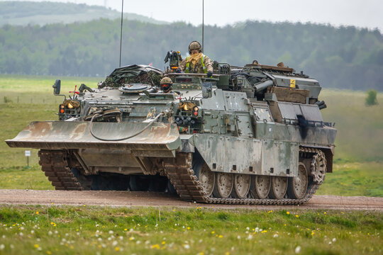 close up of a British Army Challenger 2 Tank Armored Repair and Recovery Vehicle (CRARRV) on a military training exercise, salisbury plain wiltshire UK
