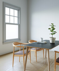 Dinning table and chair minimal style in white room. 3D illustration