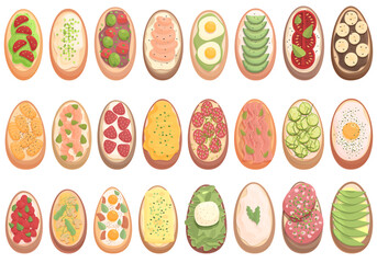 Bruschetta icons set cartoon vector. Food cheese. Cooking dish