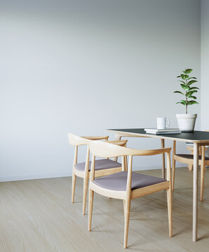 Dinning table and chair minimal style in white room. 3D illustration