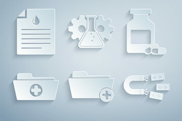 Set Health record folder, Medicine bottle and pills, , Magnet with money, Bioengineering and Clipboard blood test icon. Vector