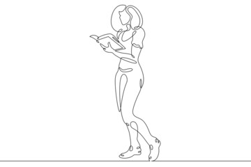 Fototapeta na wymiar One continuous line.Woman reads a book. A student reads a textbook. Library and Education.Continuous line drawing.Lineart isolated white background.