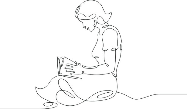 recommend clip art: One continuous line.Woman reads a book. A student reads a textbook. Library and Education.Continuous line drawing.Lineart isolated white background.