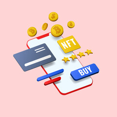 Cryptocurrency purchase of digital goods via smartphone, the concept of online bitcoin purchases from a personal cryptocurrency wallet account. Three-dimensional illustration. Vector infographic