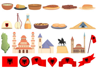 Albania icons set cartoon vector. Are map. Europe country