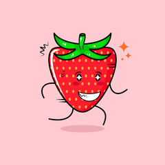 cute strawberry character with happy expression, sparkling eyes, run and smiling. green and red. suitable for emoticon, logo, mascot and icon