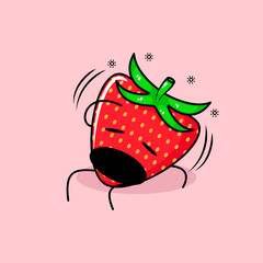 cute strawberry character with dizzy expression, mouth open, sit down and one hand on head. green and red. suitable for emoticon, logo, mascot and icon